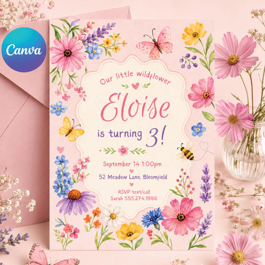 Wildflower Birthday Invitation, Girl 3rd Birthday Party Invite, Garden Party Invite, Editable Wild Flower, Pink Pastel Floral, Canva __etsy:8070469367