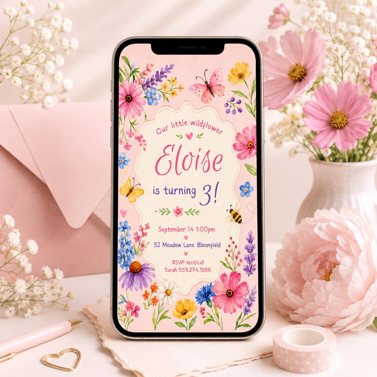 Wildflower Birthday Invitation, Girl 3rd Birthday Party Invite, Garden Party Invite, Editable Wild Flower, Pink Pastel Floral, Canva __etsy:8022552368