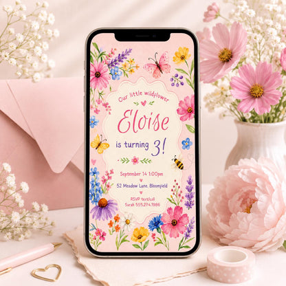 Wildflower Birthday Invitation, Girl 3rd Birthday Party Invite, Garden Party Invite, Editable Wild Flower, Pink Pastel Floral, Canva __etsy:8022552368