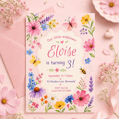 Wildflower Birthday Invitation, Girl 3rd Birthday Party Invite, Garden Party Invite, Editable Wild Flower, Pink Pastel Floral, Canva __etsy:8070466141