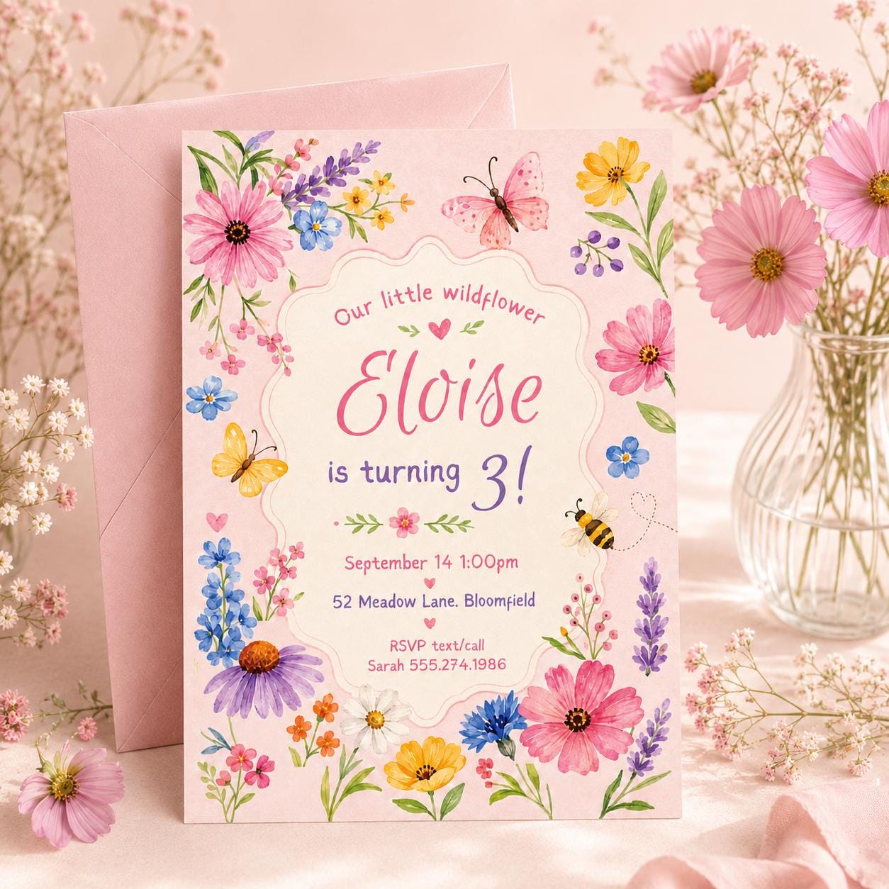 Wildflower Birthday Invitation, Girl 3rd Birthday Party Invite, Garden Party Invite, Editable Wild Flower, Pink Pastel Floral, Canva __etsy:8022552386