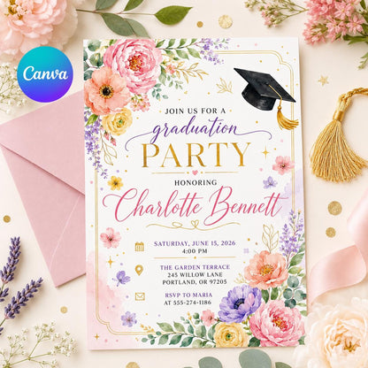 Wildflower Graduation Invitation, Butterfly College High School Grad Party Invite, Floral Graduate Announcement, Canva __etsy:8002186408