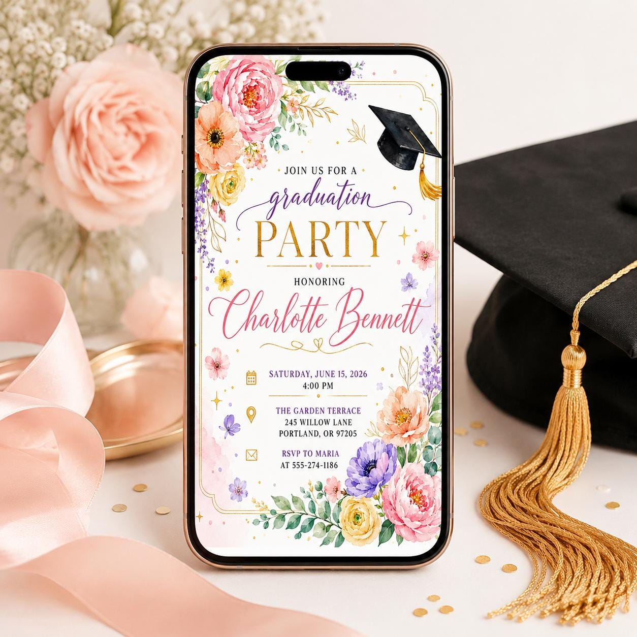 Wildflower Graduation Invitation, Butterfly College High School Grad Party Invite, Floral Graduate Announcement, Canva __etsy:8002184008