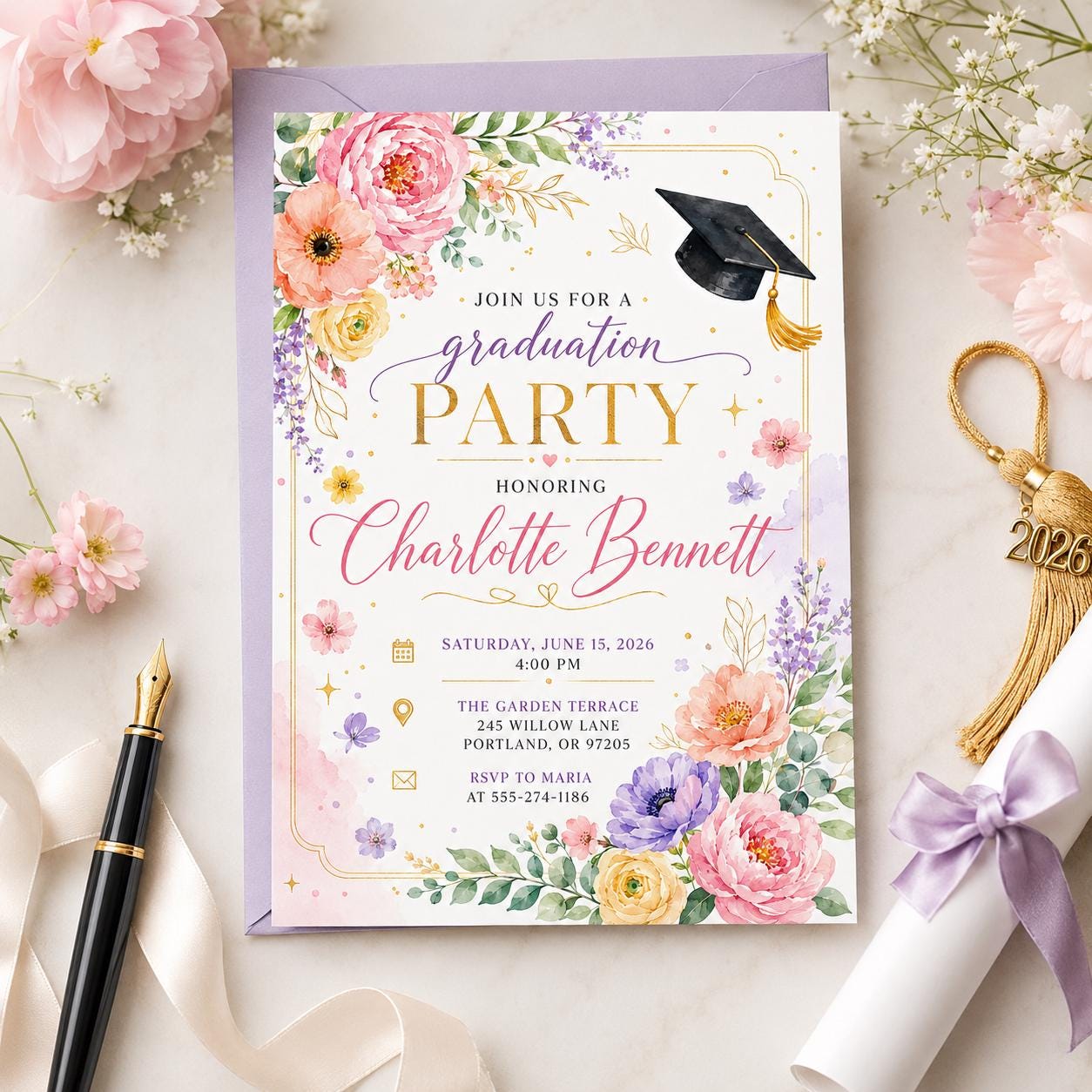 Wildflower Graduation Invitation, Butterfly College High School Grad Party Invite, Floral Graduate Announcement, Canva __etsy:8050111413