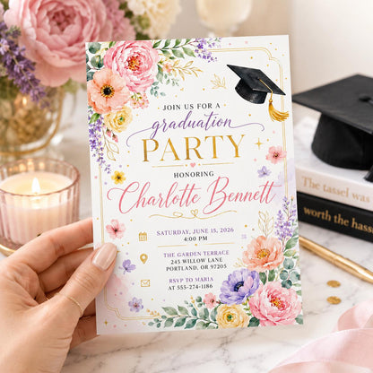 Wildflower Graduation Invitation, Butterfly College High School Grad Party Invite, Floral Graduate Announcement, Canva __etsy:8002184044