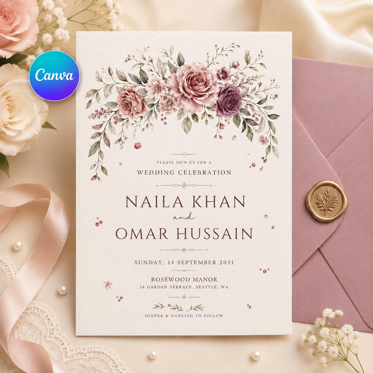 Wildflower Wedding Invitation Template, Printable Boho Floral Wedding Invite, Floral Wreath Editable Wedding Invitation, Canva Template __etsy:8101811443