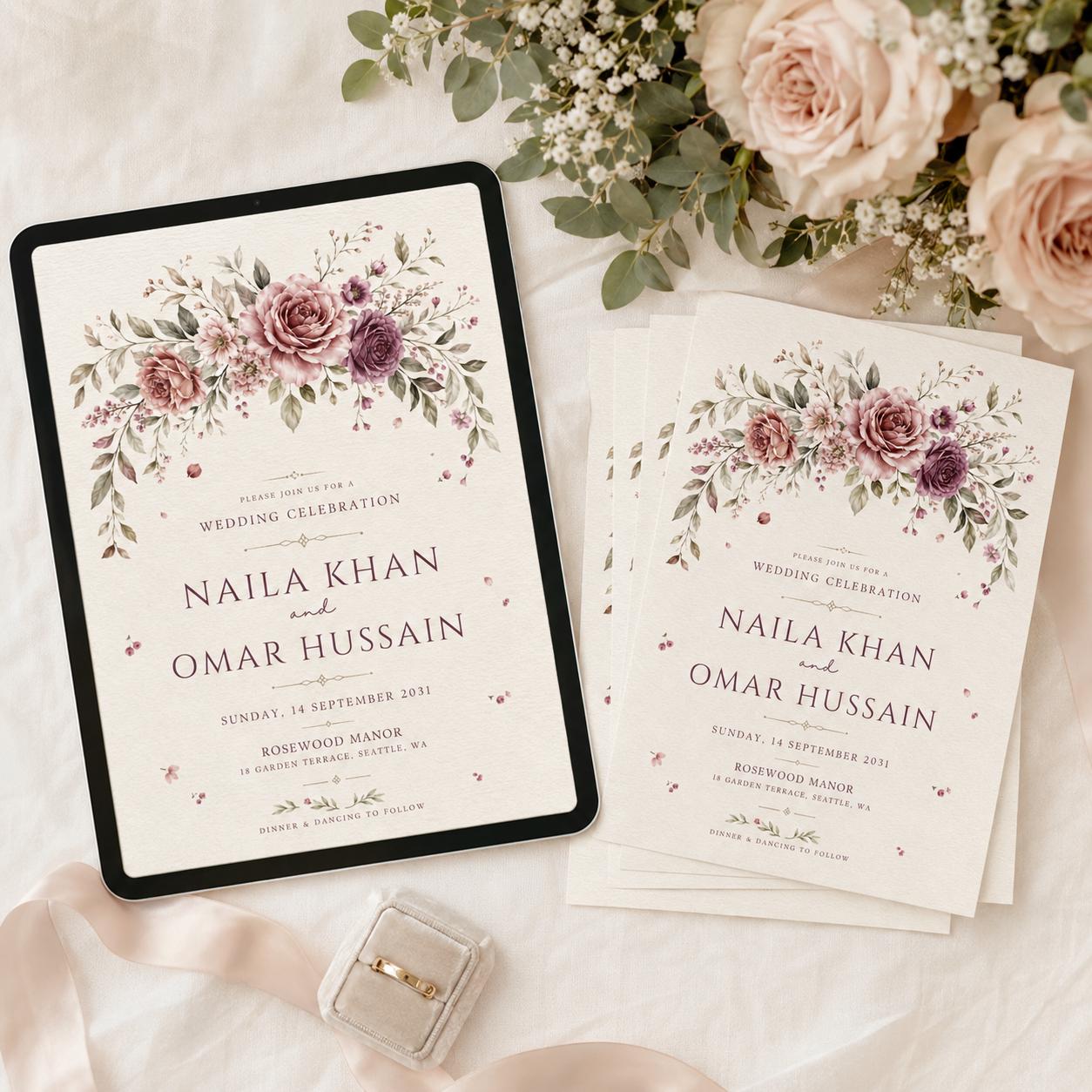 Wildflower Wedding Invitation Template, Printable Boho Floral Wedding Invite, Floral Wreath Editable Wedding Invitation, Canva Template __etsy:8101811605