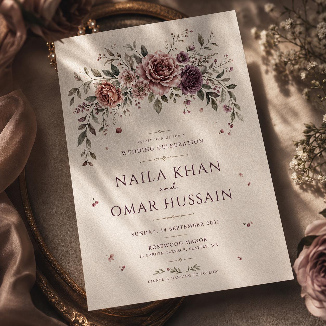 Wildflower Wedding Invitation Template, Printable Boho Floral Wedding Invite, Floral Wreath Editable Wedding Invitation, Canva Template __etsy:8053898942