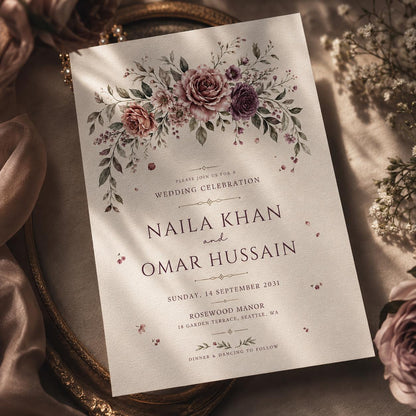 Wildflower Wedding Invitation Template, Printable Boho Floral Wedding Invite, Floral Wreath Editable Wedding Invitation, Canva Template __etsy:8053898942