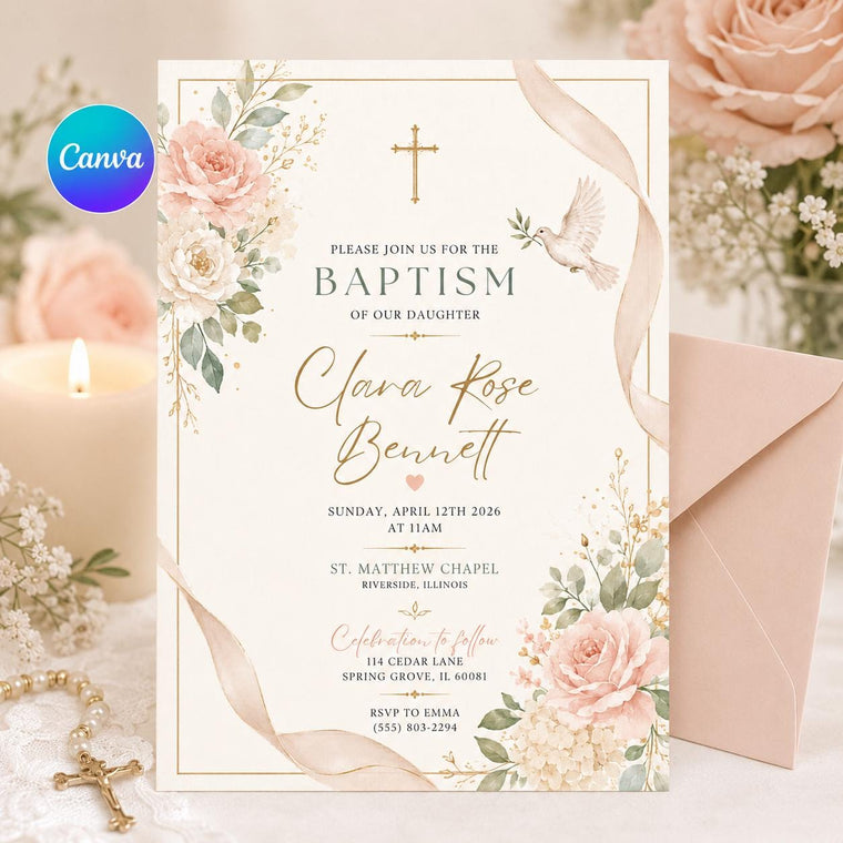 Pink Floral Wildflower baptism invitation