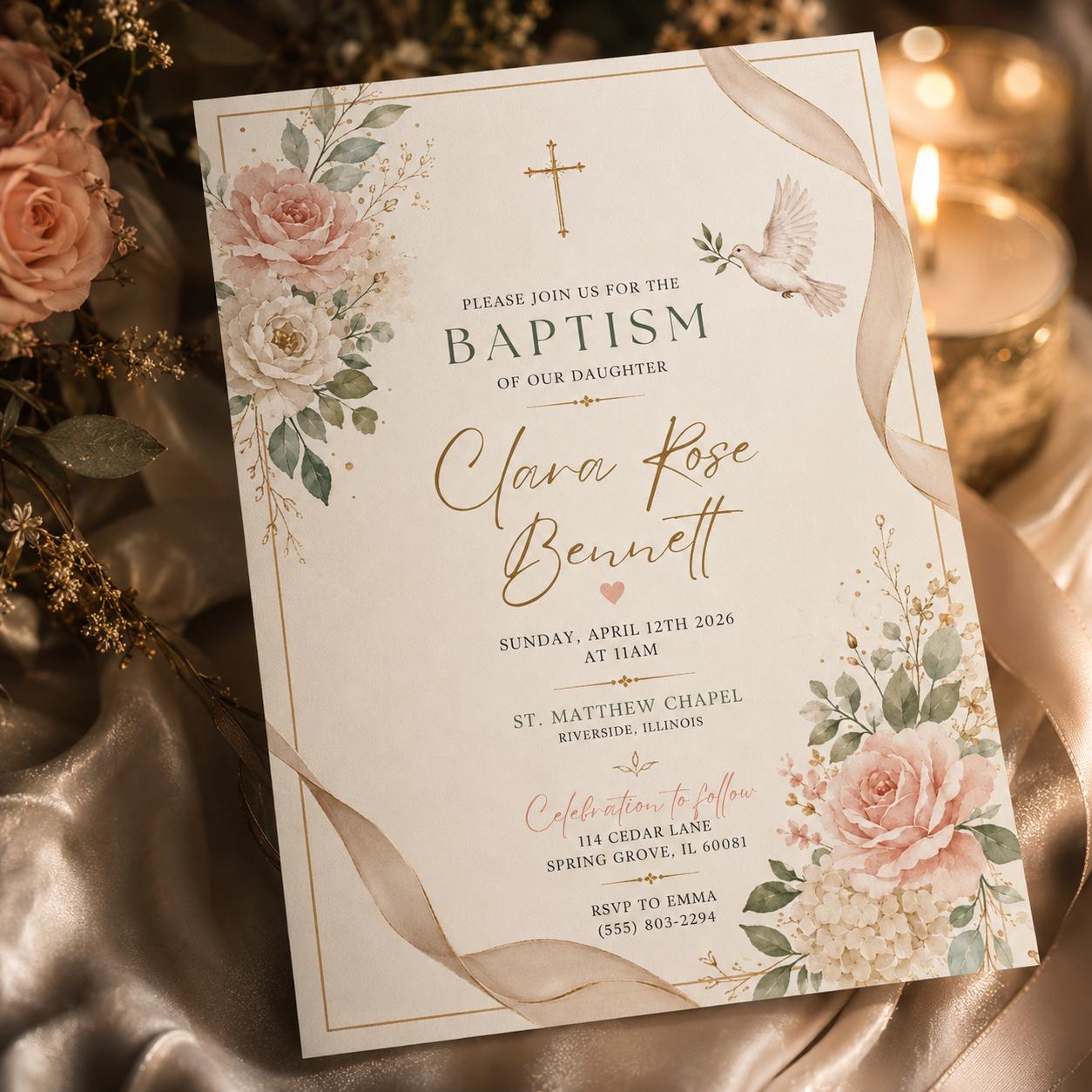 Wildflower baptism invitation, First Communion Invitation, Christening Invitation, Floral Baptism invitation, Preppy baptism invite __etsy:8108280149