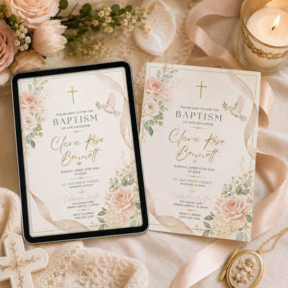 Wildflower baptism invitation, First Communion Invitation, Christening Invitation, Floral Baptism invitation, Preppy baptism invite __etsy:8108280151