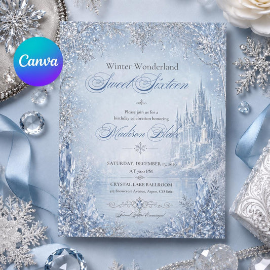 Winter Wonderland Sweet Sixteen Invitation, Editable Snowflake Crystal Birthday Invite, Elegant Sweet 16 Template, Printable Download __etsy:8177940081