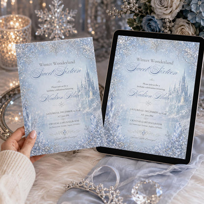Winter Wonderland Sweet Sixteen Invitation, Editable Snowflake Crystal Birthday Invite, Elegant Sweet 16 Template, Printable Download __etsy:8130041426