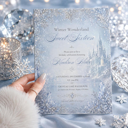 Winter Wonderland Sweet Sixteen Invitation, Editable Snowflake Crystal Birthday Invite, Elegant Sweet 16 Template, Printable Download __etsy:8177940289