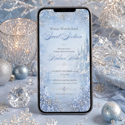 Winter Wonderland Sweet Sixteen Invitation, Editable Snowflake Crystal Birthday Invite, Elegant Sweet 16 Template, Printable Download __etsy:8130041648