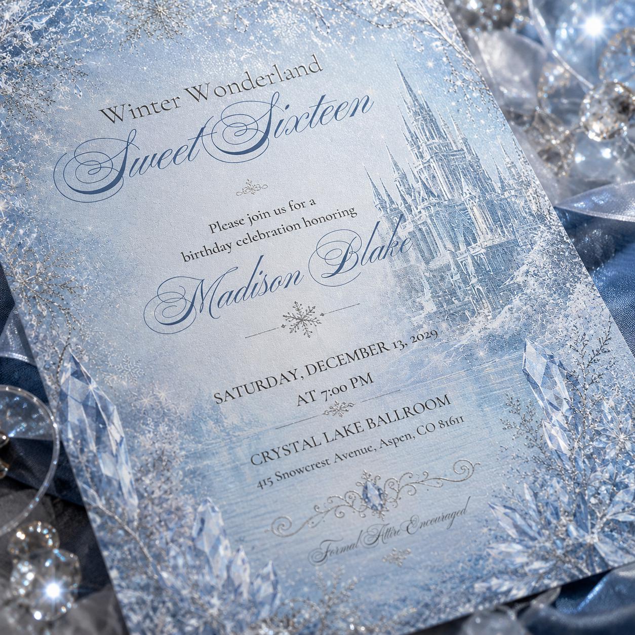 Winter Wonderland Sweet Sixteen Invitation, Editable Snowflake Crystal Birthday Invite, Elegant Sweet 16 Template, Printable Download __etsy:8130041718