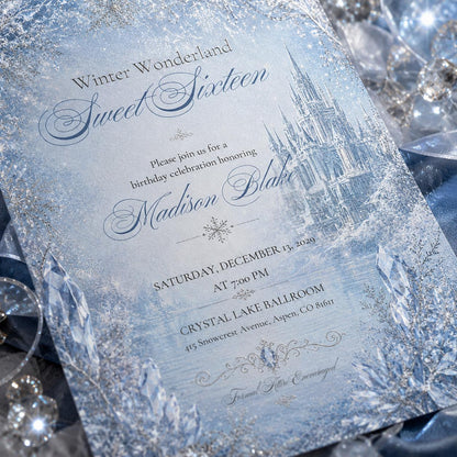 Winter Wonderland Sweet Sixteen Invitation, Editable Snowflake Crystal Birthday Invite, Elegant Sweet 16 Template, Printable Download __etsy:8130041718