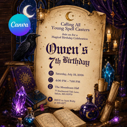 Wizard Birthday Invitation Editable Canva Template, Magical Spell Caster Party Invite, Printable Magical Birthday Invitation Template __etsy:8128239464