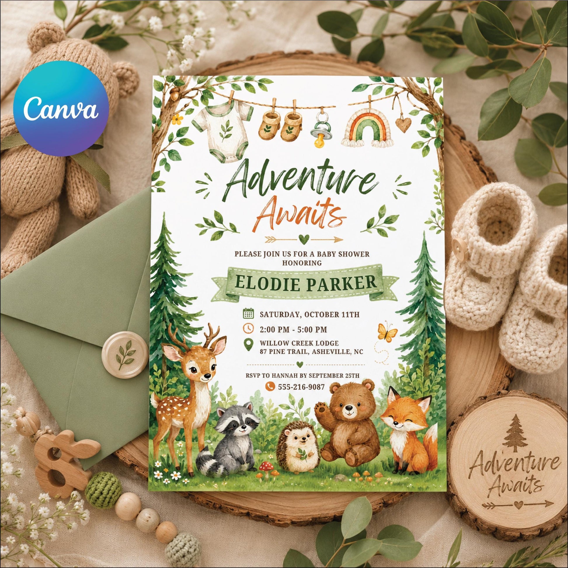 Woodland Baby Shower Invitation, Editable Adventure Awaits Template, Woodland Animals 1st Party Editable Template, Editable Canva Template __etsy:8019900012