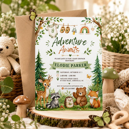 Woodland Baby Shower Invitation, Editable Adventure Awaits Template, Woodland Animals 1st Party Editable Template, Editable Canva Template __etsy:8019885604