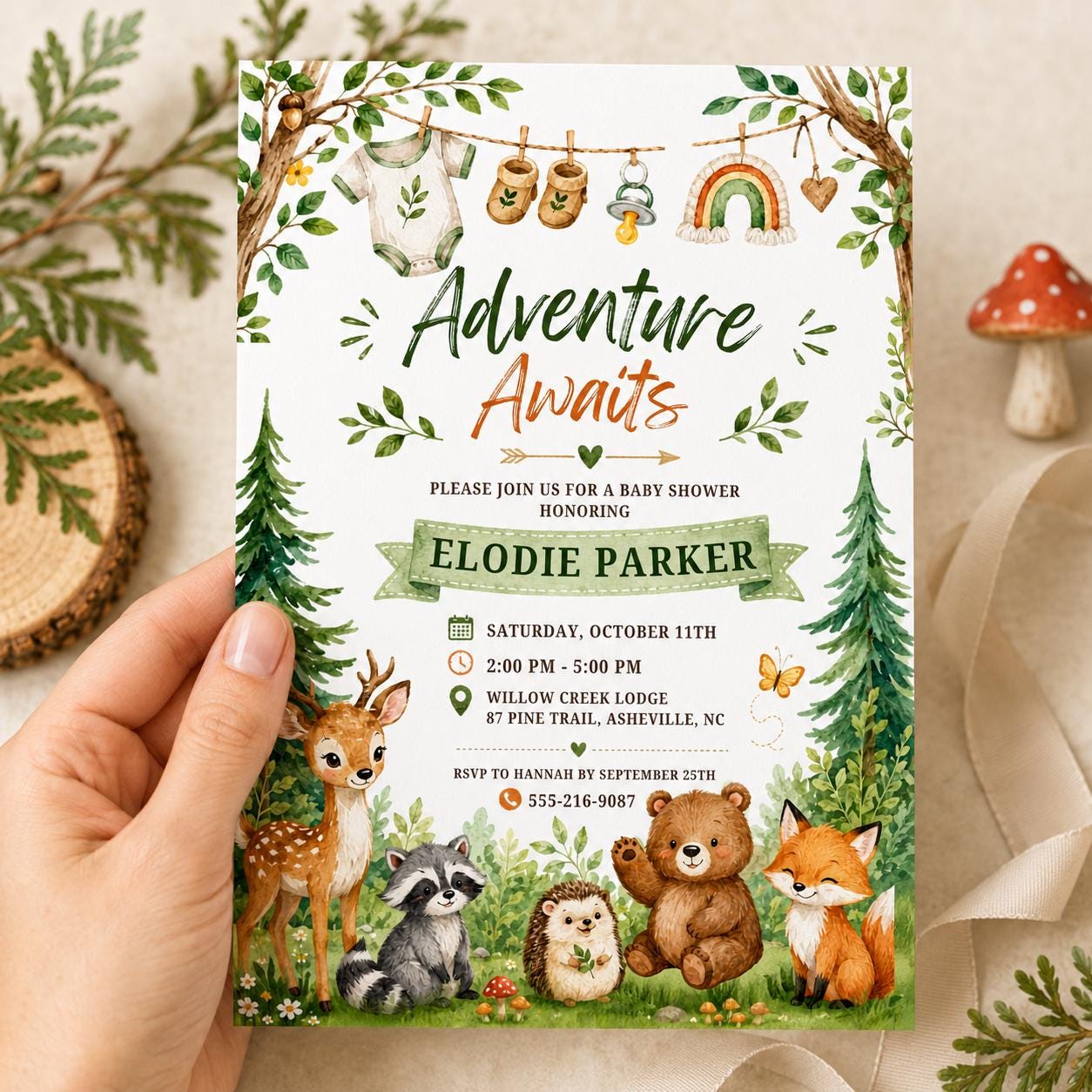 Woodland Baby Shower Invitation, Editable Adventure Awaits Template, Woodland Animals 1st Party Editable Template, Editable Canva Template __etsy:8067802057