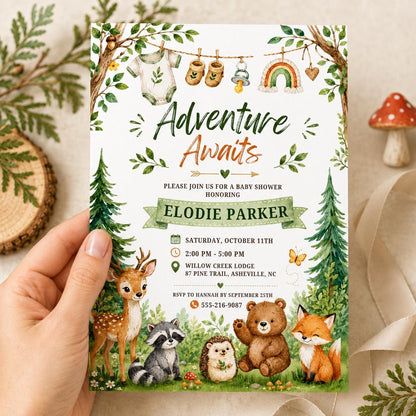 Woodland Baby Shower Invitation, Editable Adventure Awaits Template, Woodland Animals 1st Party Editable Template, Editable Canva Template __etsy:8067802057