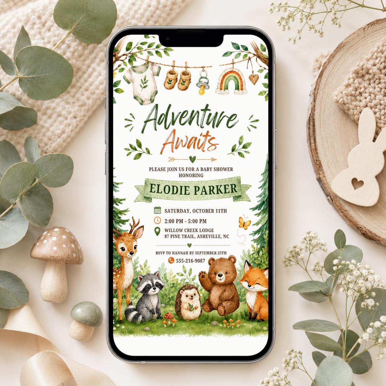Woodland Baby Shower Invitation, Editable Adventure Awaits Template, Woodland Animals 1st Party Editable Template, Editable Canva Template __etsy:8019885646