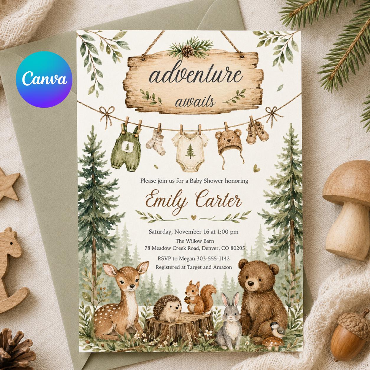 Woodland Baby Shower Invitation, Woodland Adventure Awaits, Baby Items Invitation, woodland animals invitation, Forest Baby shower, Canva __etsy:8036519398