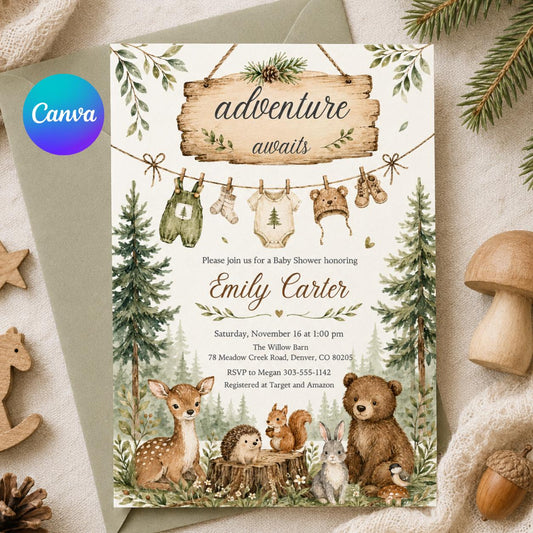 Woodland Baby Shower Invitation, Woodland Adventure Awaits, Baby Items Invitation, woodland animals invitation, Forest Baby shower, Canva __etsy:8036519398