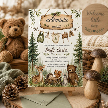 Woodland Baby Shower Invitation, Woodland Adventure Awaits, Baby Items Invitation, woodland animals invitation, Forest Baby shower, Canva __etsy:8036513114
