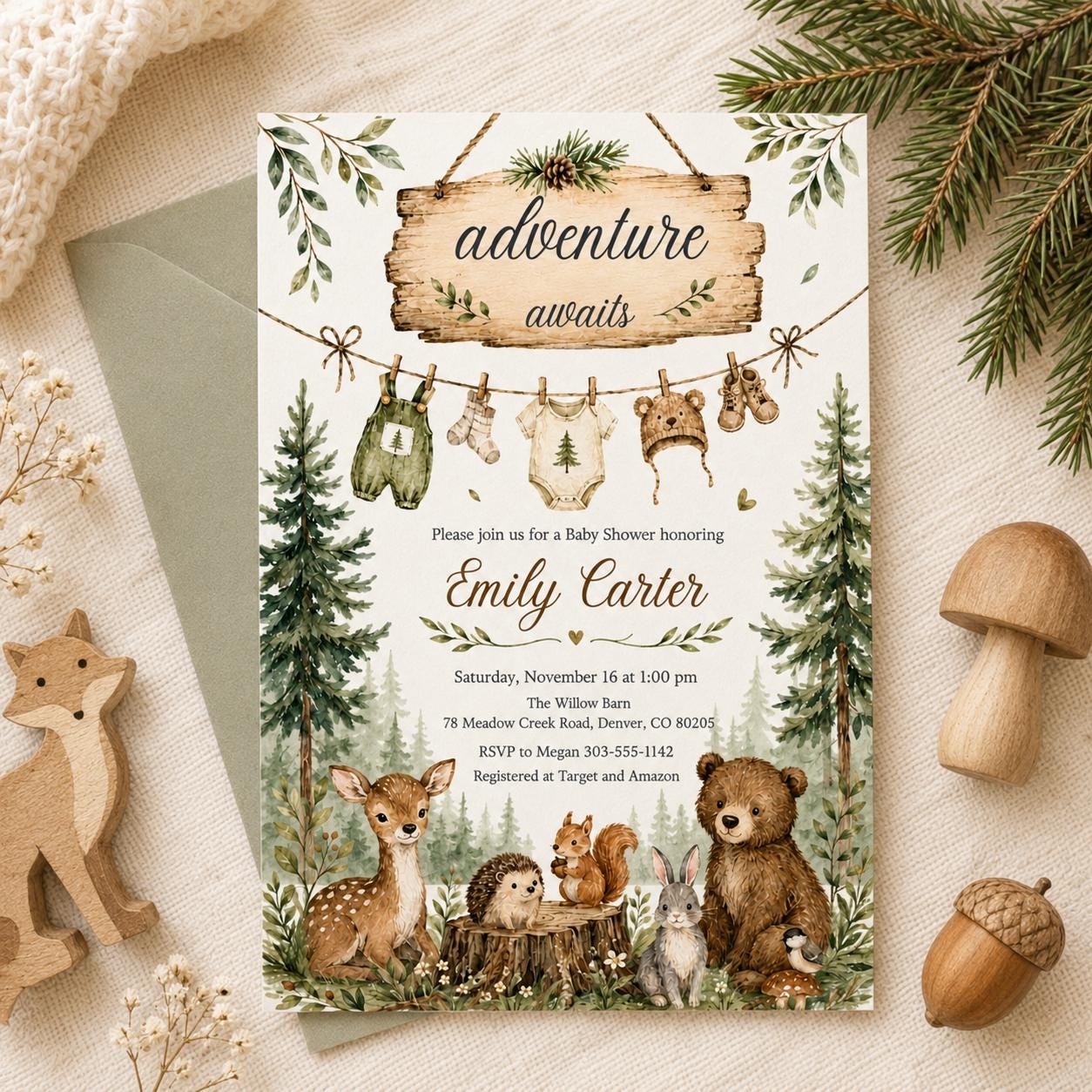 Woodland Baby Shower Invitation, Woodland Adventure Awaits, Baby Items Invitation, woodland animals invitation, Forest Baby shower, Canva __etsy:8084428479
