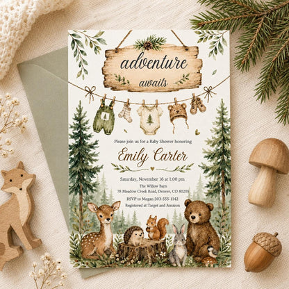 Woodland Baby Shower Invitation, Woodland Adventure Awaits, Baby Items Invitation, woodland animals invitation, Forest Baby shower, Canva __etsy:8084428479