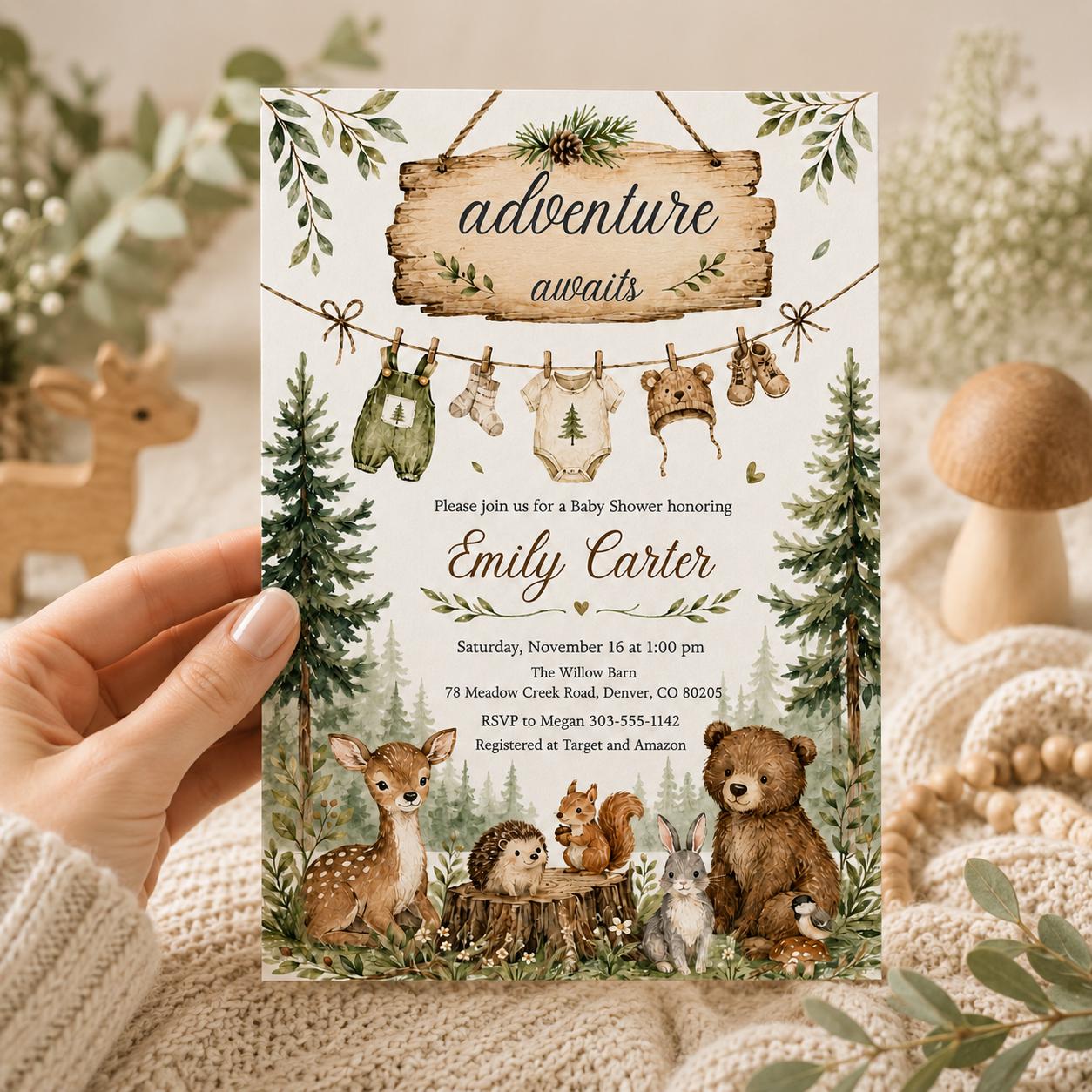 Woodland Baby Shower Invitation, Woodland Adventure Awaits, Baby Items Invitation, woodland animals invitation, Forest Baby shower, Canva __etsy:8084428473