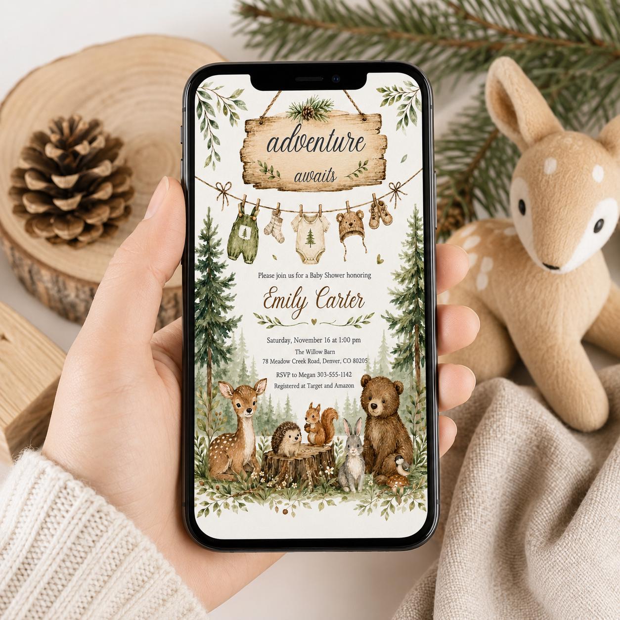 Woodland Baby Shower Invitation, Woodland Adventure Awaits, Baby Items Invitation, woodland animals invitation, Forest Baby shower, Canva __etsy:8084428469
