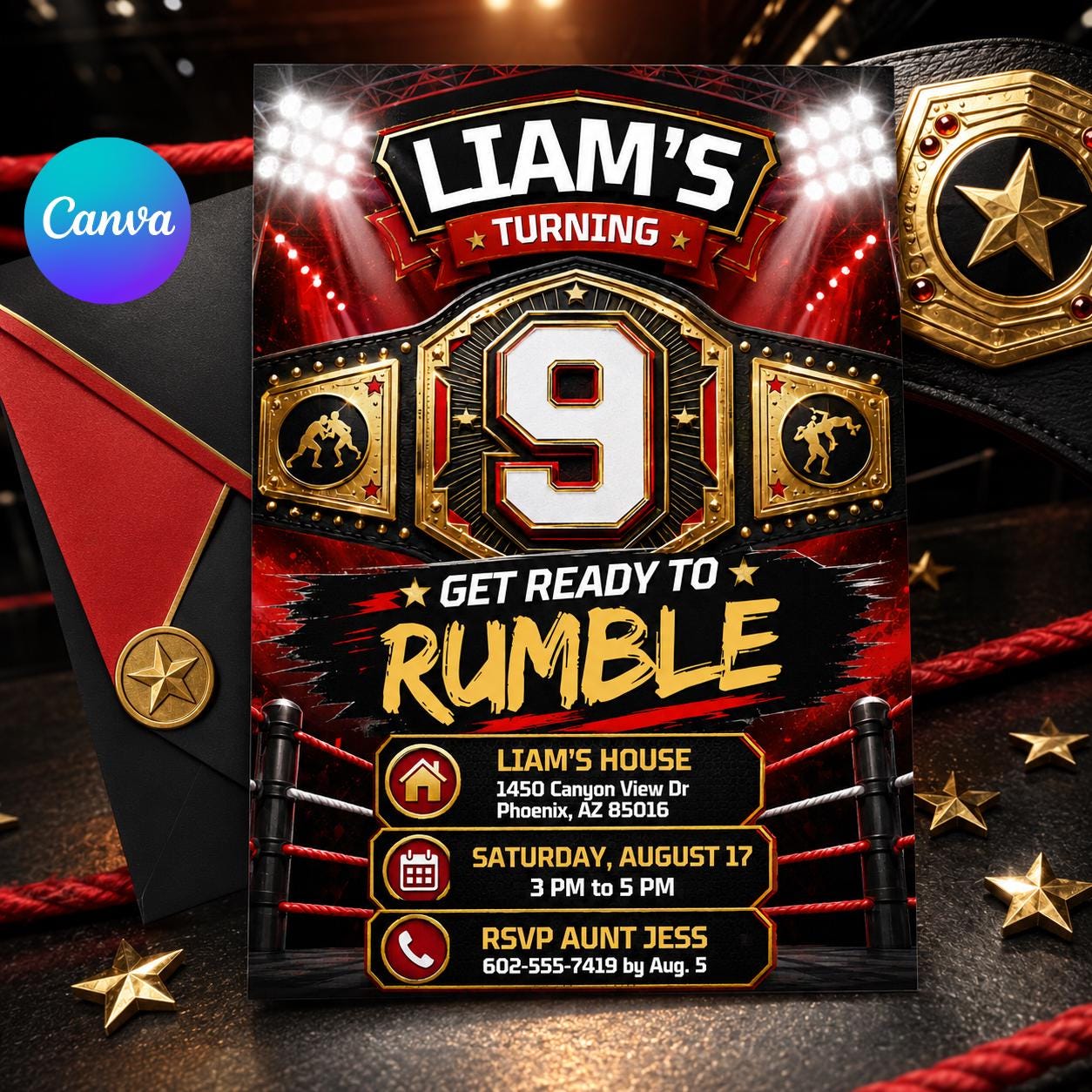 Wrestling Birthday Invitation Template, Editable Championship Belt Party Invite, Boxing MMA Canva Invite __etsy:8077113175