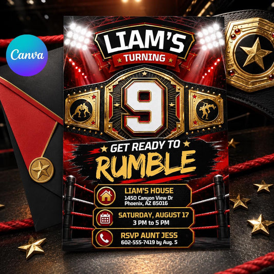 Wrestling Birthday Invitation Template, Editable Championship Belt Party Invite, Boxing MMA Canva Invite __etsy:8077113175