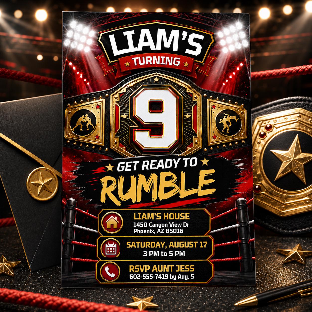 Wrestling Birthday Invitation Template, Editable Championship Belt Party Invite, Boxing MMA Canva Invite __etsy:8077110991