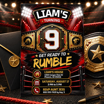 Wrestling Birthday Invitation Template, Editable Championship Belt Party Invite, Boxing MMA Canva Invite __etsy:8077110991