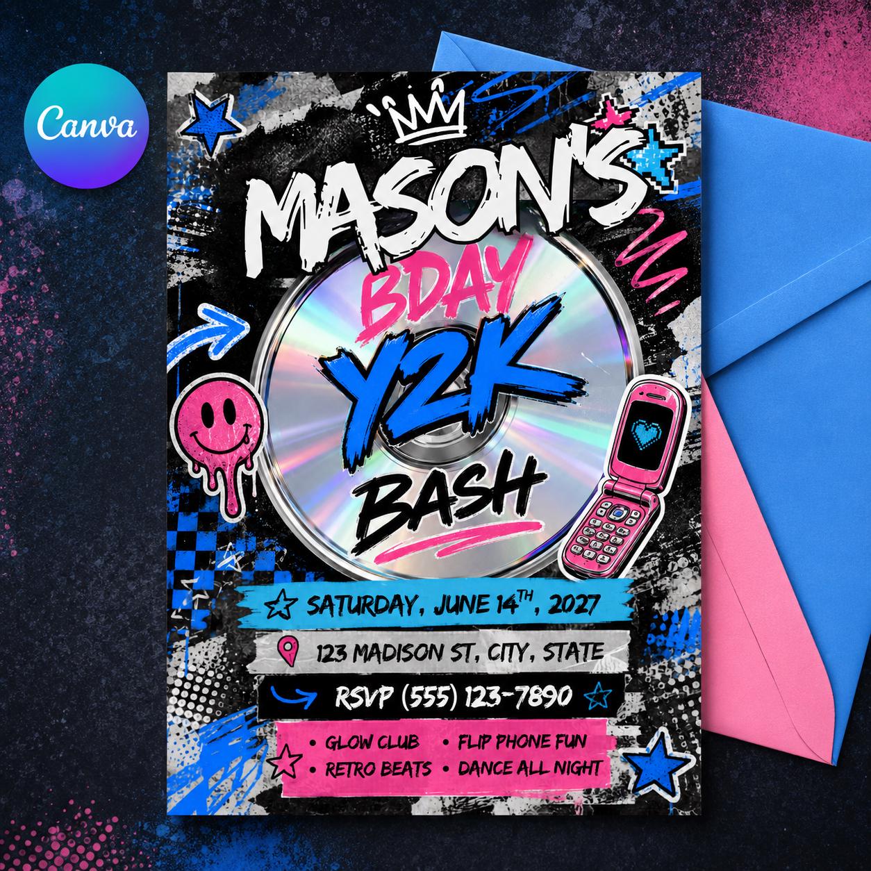 Y2K Birthday Bash Invitation Template, Y2K Denim and Hot Pink Birthday Invitation, 2000s Retro Birthday, Editable Canva Template, __etsy:8103688409