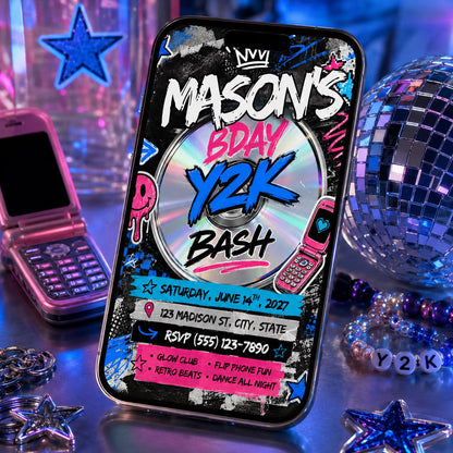 Y2K Birthday Bash Invitation Template, Y2K Denim and Hot Pink Birthday Invitation, 2000s Retro Birthday, Editable Canva Template, __etsy:8103688405