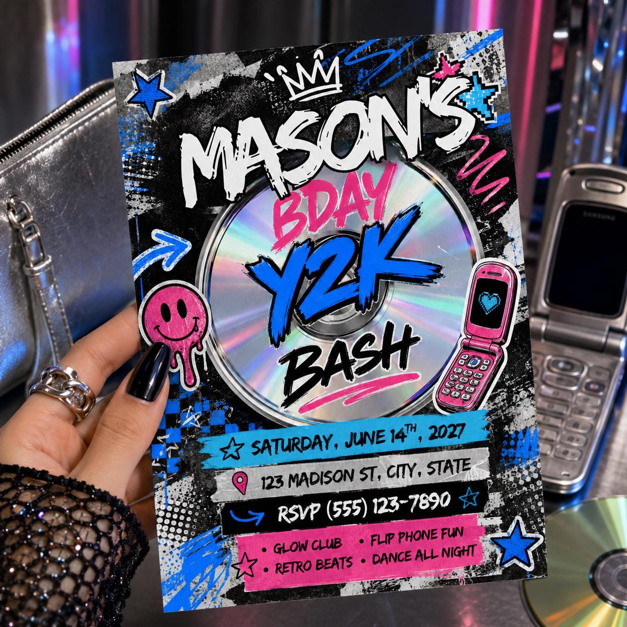 Y2K Birthday Bash Invitation Template, Y2K Denim and Hot Pink Birthday Invitation, 2000s Retro Birthday, Editable Canva Template, __etsy:8103688407
