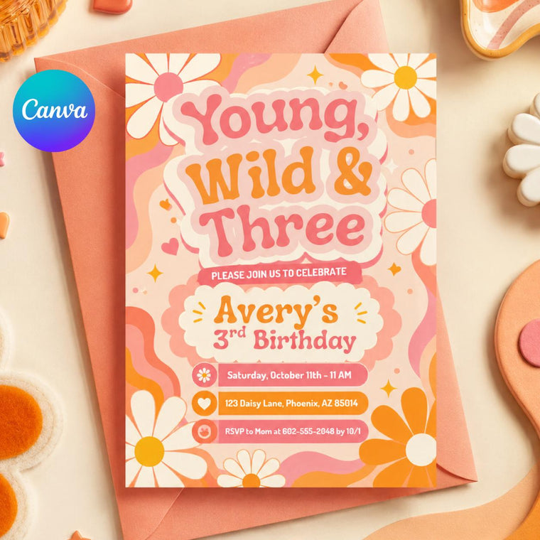 Boho Pastel Young Wild Three Invitation