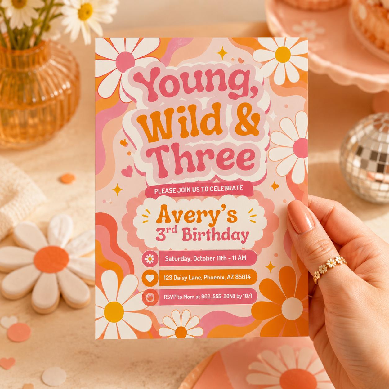 Young Wild Three Invitation, Young Wild and Three Birthday Invitation, Boho Chic Toddlers 3rd Party, Pastel Floral Celebration, Canva invite __etsy:8084432209