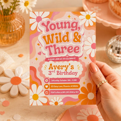 Young Wild Three Invitation, Young Wild and Three Birthday Invitation, Boho Chic Toddlers 3rd Party, Pastel Floral Celebration, Canva invite __etsy:8084432209