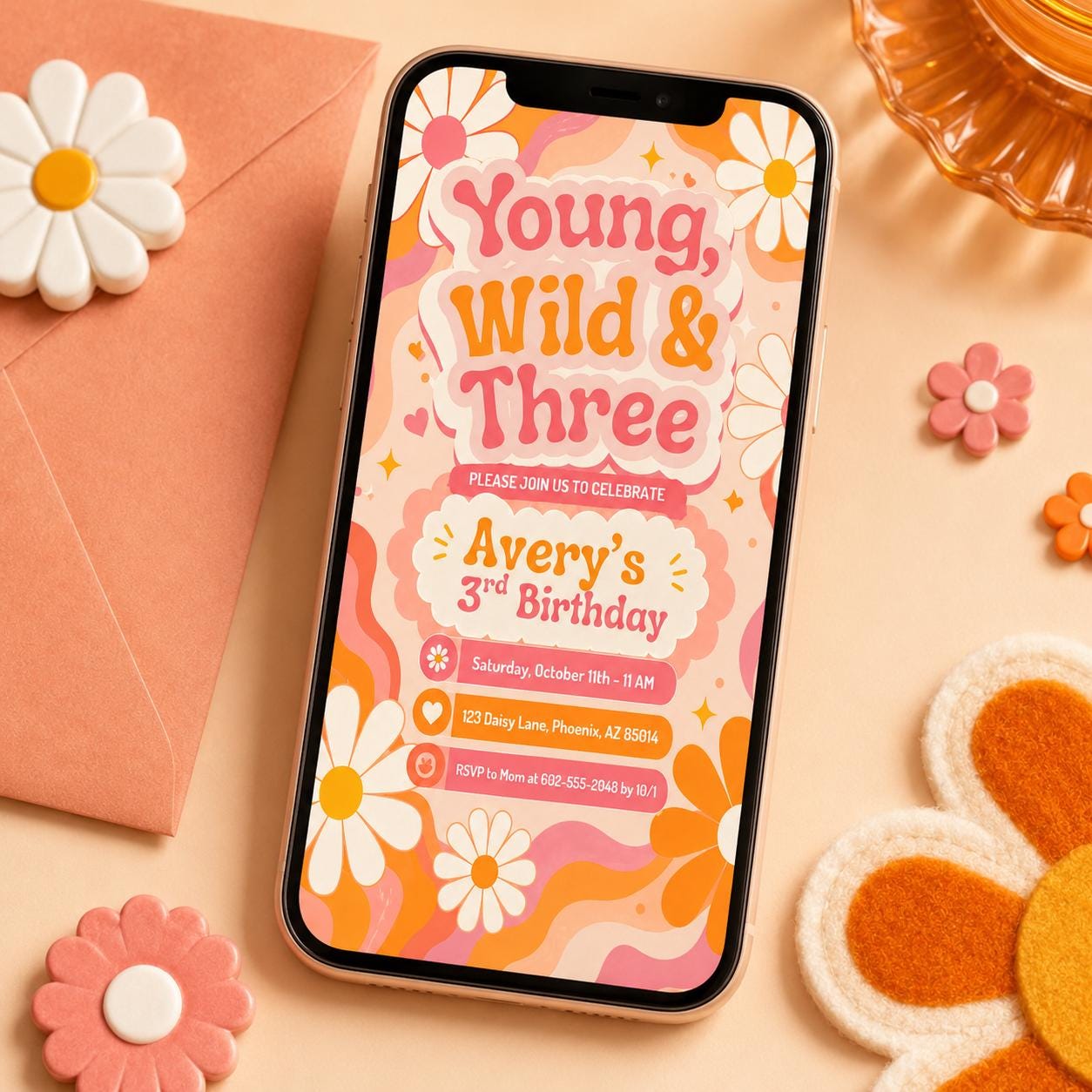 Young Wild Three Invitation, Young Wild and Three Birthday Invitation, Boho Chic Toddlers 3rd Party, Pastel Floral Celebration, Canva invite __etsy:8084432217