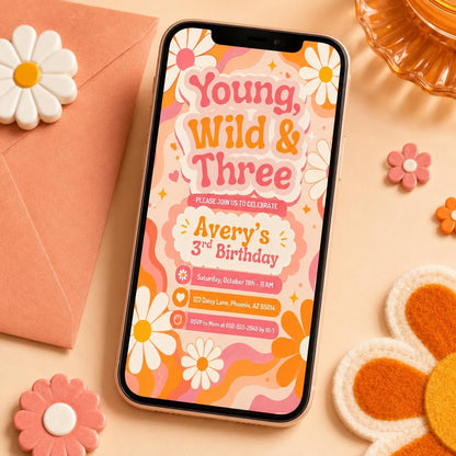 Young Wild Three Invitation, Young Wild and Three Birthday Invitation, Boho Chic Toddlers 3rd Party, Pastel Floral Celebration, Canva invite __etsy:8084432217
