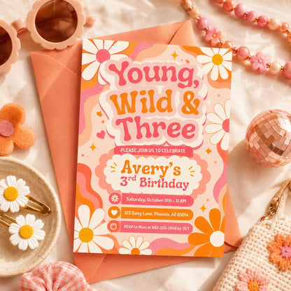 Young Wild Three Invitation, Young Wild and Three Birthday Invitation, Boho Chic Toddlers 3rd Party, Pastel Floral Celebration, Canva invite __etsy:8036517012