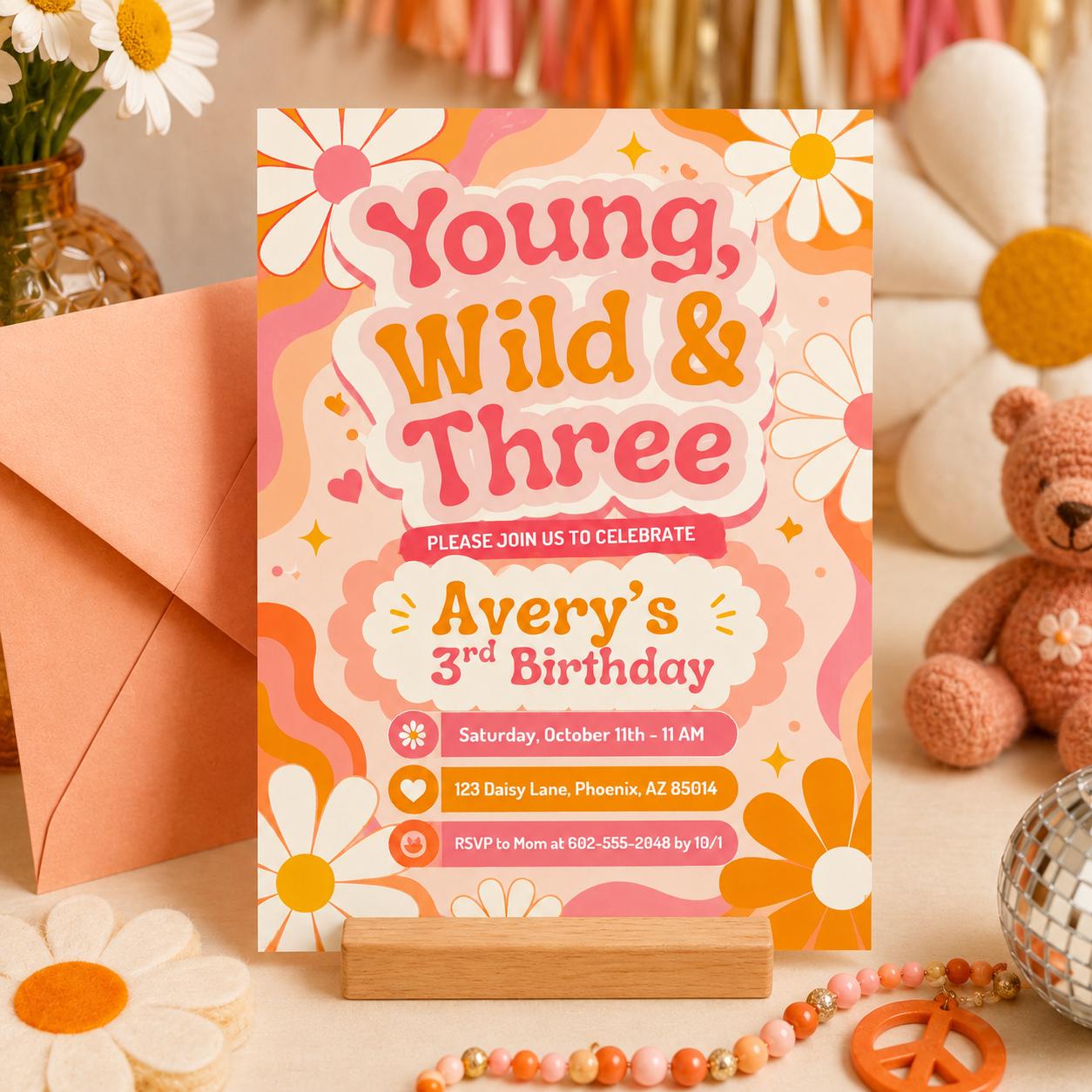 Young Wild Three Invitation, Young Wild and Three Birthday Invitation, Boho Chic Toddlers 3rd Party, Pastel Floral Celebration, Canva invite __etsy:8036516990