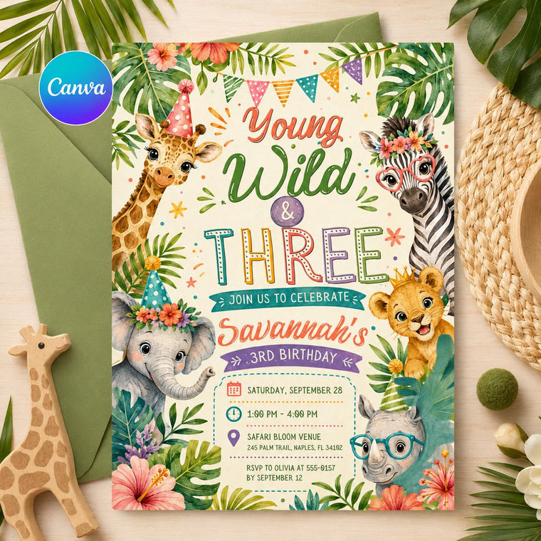 Young Wild Three Safari Birthday Invitation for Girls